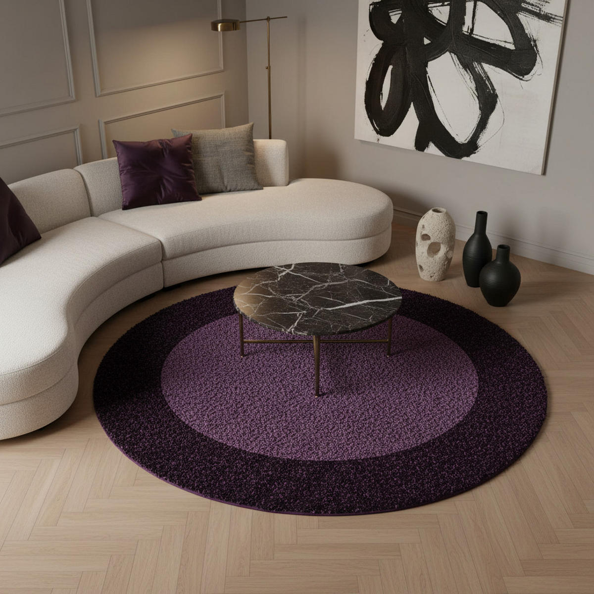 TEPPICH Wohnzimmer Hochflor Bordüre Weich Flauschig Waschbar Rund Violett 200x200 cm – RHEIN - Lila, Textil (200/200cm) - KADIMA DESIGN