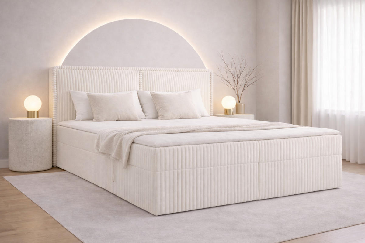 BOXBETT 04 180 x 200 cm - Ambience – Modernes Polsterbett mit Bettkasten, Topper und gepolstertem Kopfteil, Stoffbezug, Stauraumbett - Beige, Holz (180/200cm) - ROYAL24_MARKT