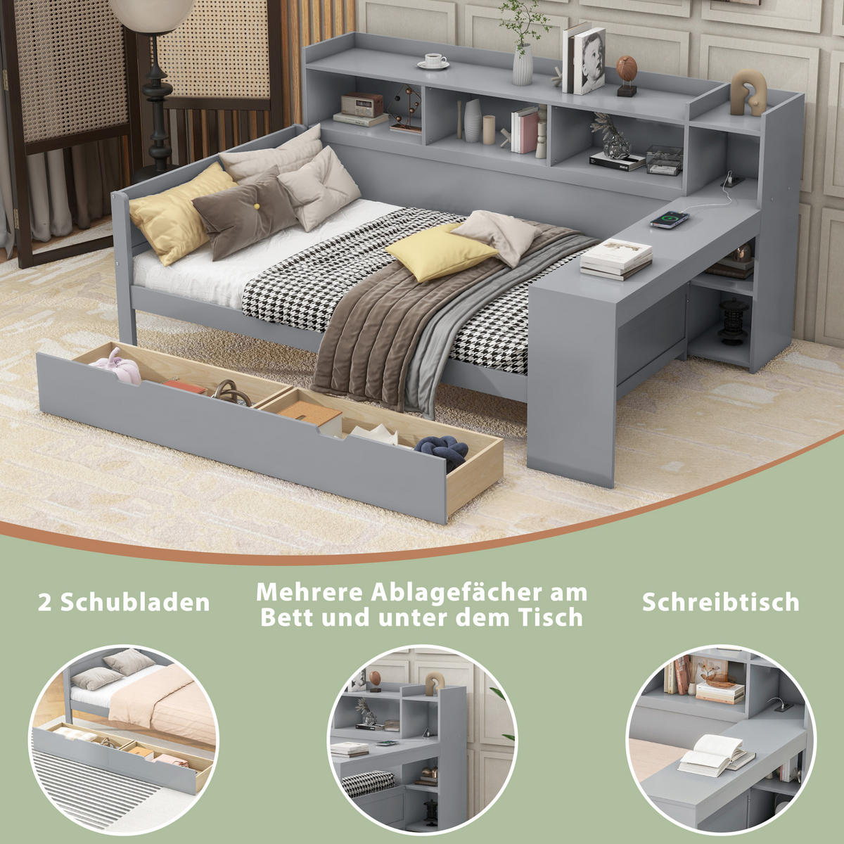 SCHLAFSOFA 90x200cm Grau Spanplatte Nachttischablage Schreibtisch USB - Grau, Holz (90/200cm) - FLIEKS
