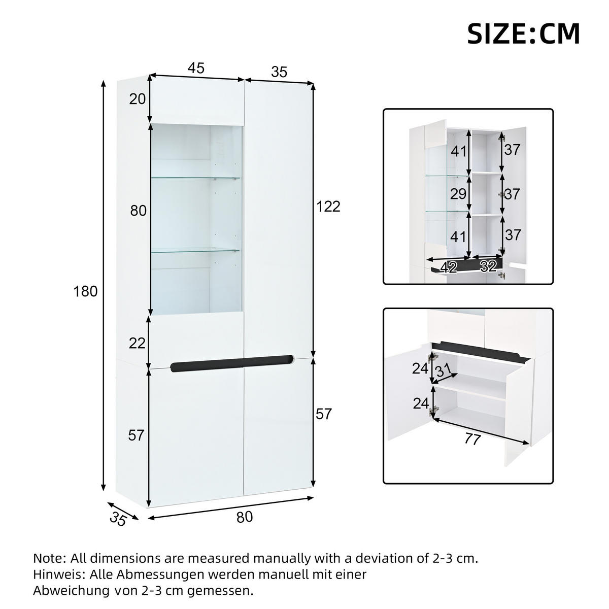 VITRINE 80x35x180 cm Weiß mit LED und 4 Glastüren - Weiß, Holzwerkstoff (80/180/35cm) - FLIEKS
