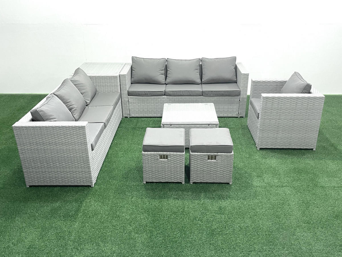 GARTENMÖBEL-SET mit Kissen Polyrattan Hellgrau-Mix 9-Sitzer - Hellgrau/Grau, Glas/Kunststoff - Fimous