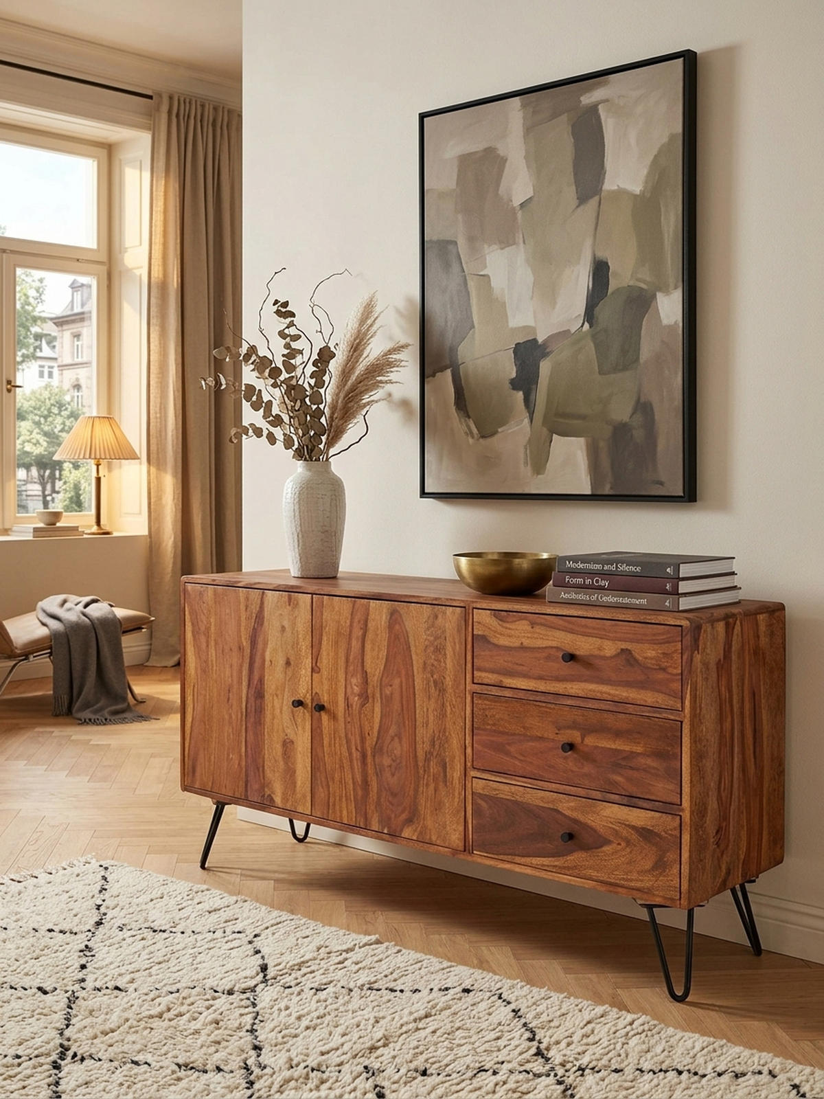 SIDEBOARD – Massivholz, 145x75x40 cm, 3 Schubladen, 2 Türen, Landhausstil, Haarnadelbeine - Schwarz/Braun, Holz/Metall (145/75/40cm) - KADIMA DESIGN