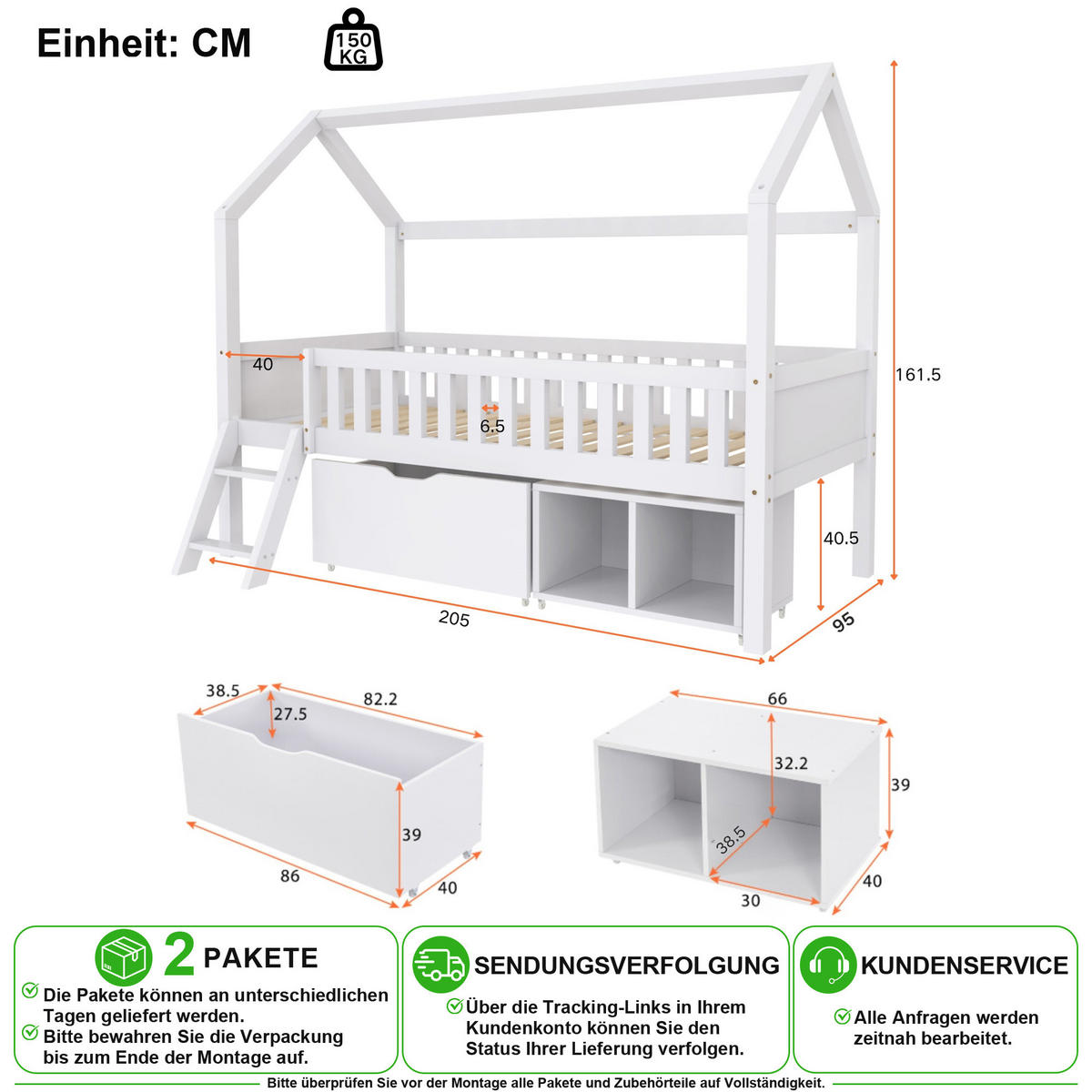 HAUSBETT 90/200 cm in Weiß mit Schubladen und Ablagefächern - Weiß, Holz/Holzwerkstoff (90/200cm) - CHICFURN