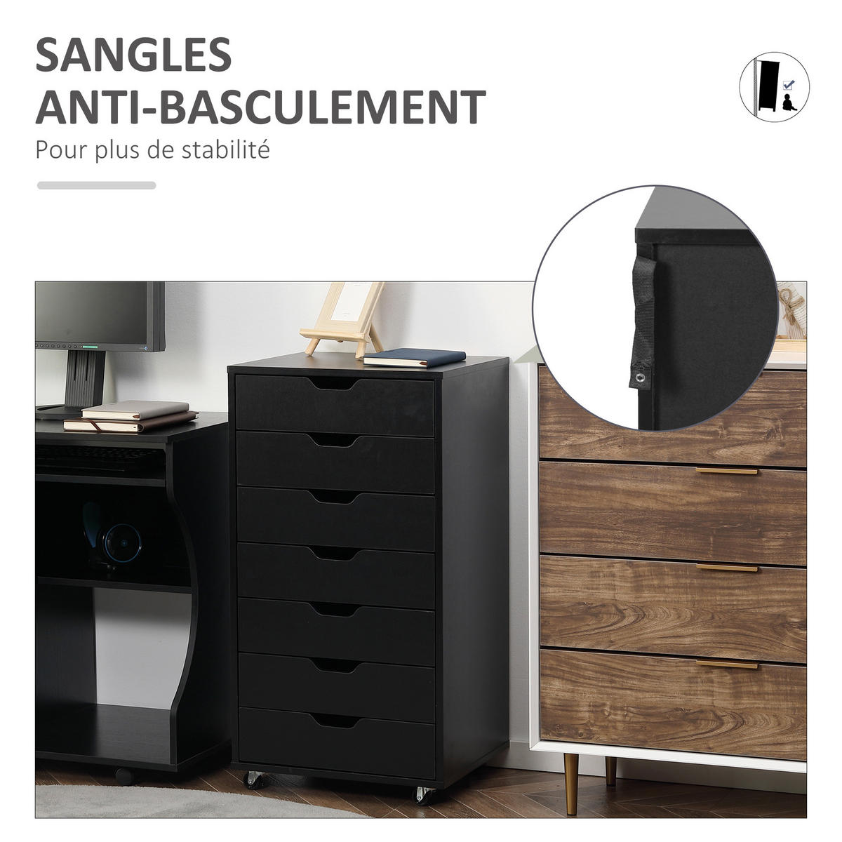 ROLLCONTAINER DE-14439 7 Schubladen für A4/Letter - Schwarz, Holzwerkstoff (39.5/90/47.5cm) - ComfortXL