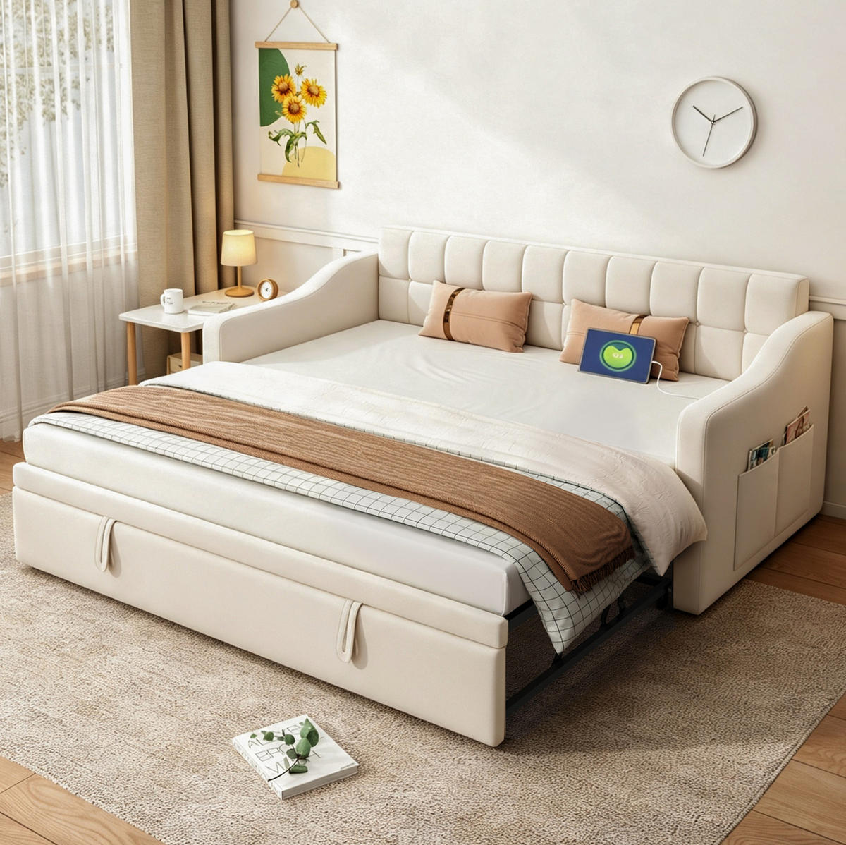 POLSTERBETT Schlafsofa aus Samt 90x190 cm Beige ausziehbar mit USB-Anschlüssen - Beige, Textil (90/190cm) - Modfu