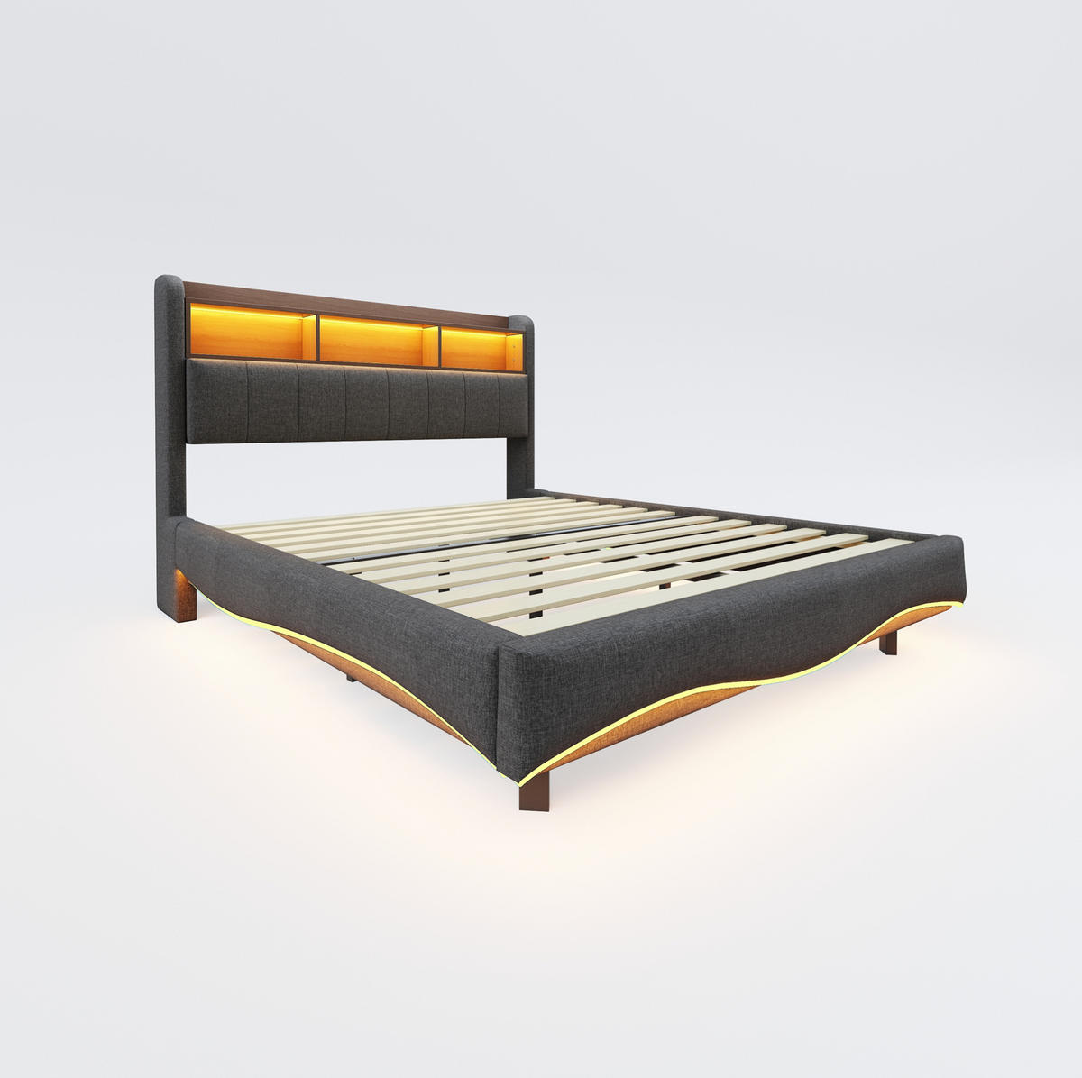 ČALÚNENÁ posteľ z látky a kovu 140x200 cm sivá s LED osvetlením, USB a USB-C portom, úložným priestorom - sivá, textil (140/200cm) - Modfu