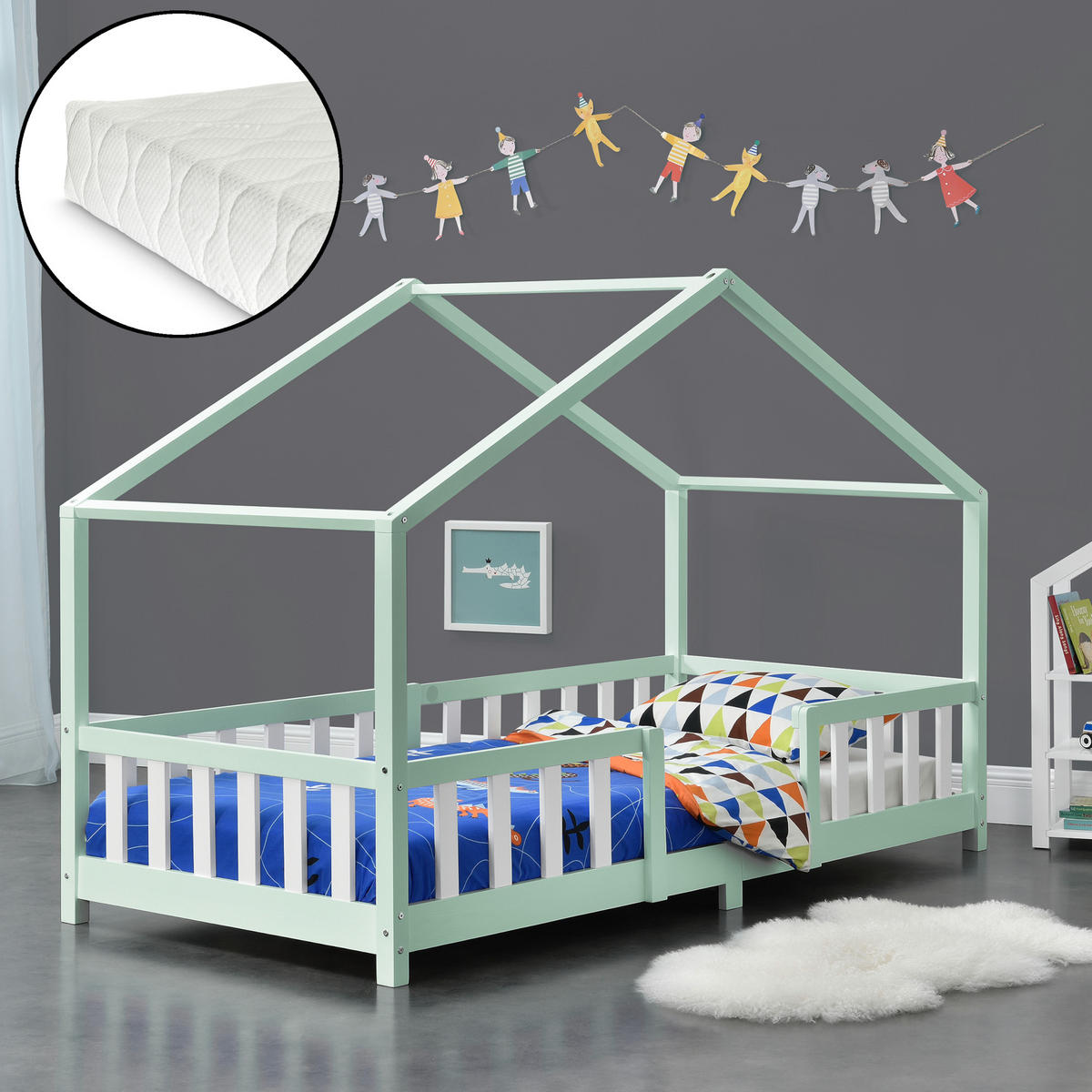 HAUSBETT Treviolo mit Matratze - Weiß/Mintgrün, Holz/Textil (90/200cm) - [en.casa]