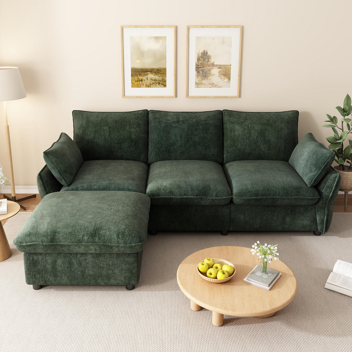 ECKSOFA 222.5/154.5/76.5 cm Dunkelgrün Chenille mit 1 Fußhocker - Dunkelgrün, Textil/Metall (222.5/154.5cm) - Oxeza