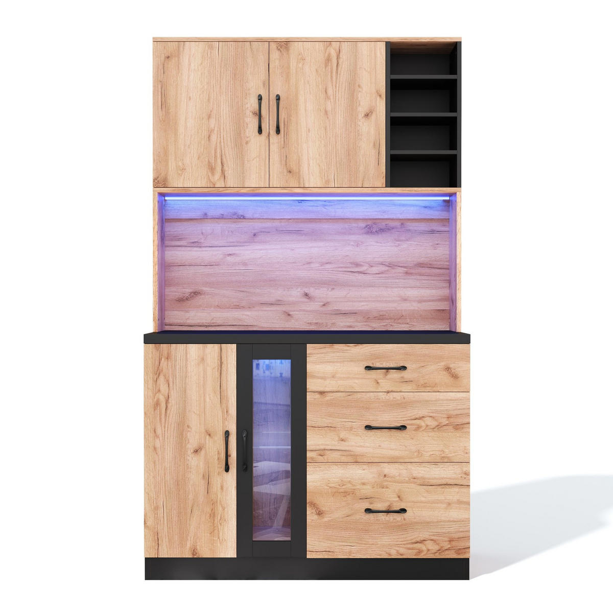 BUFFET aus MDF 105x40x180 cm Neutral mit LED-Beleuchtung, verstellbaren Einlegeböden und Steckdosenleiste - Naturfarben, Holzwerkstoff (105/180/40cm) - Modfu