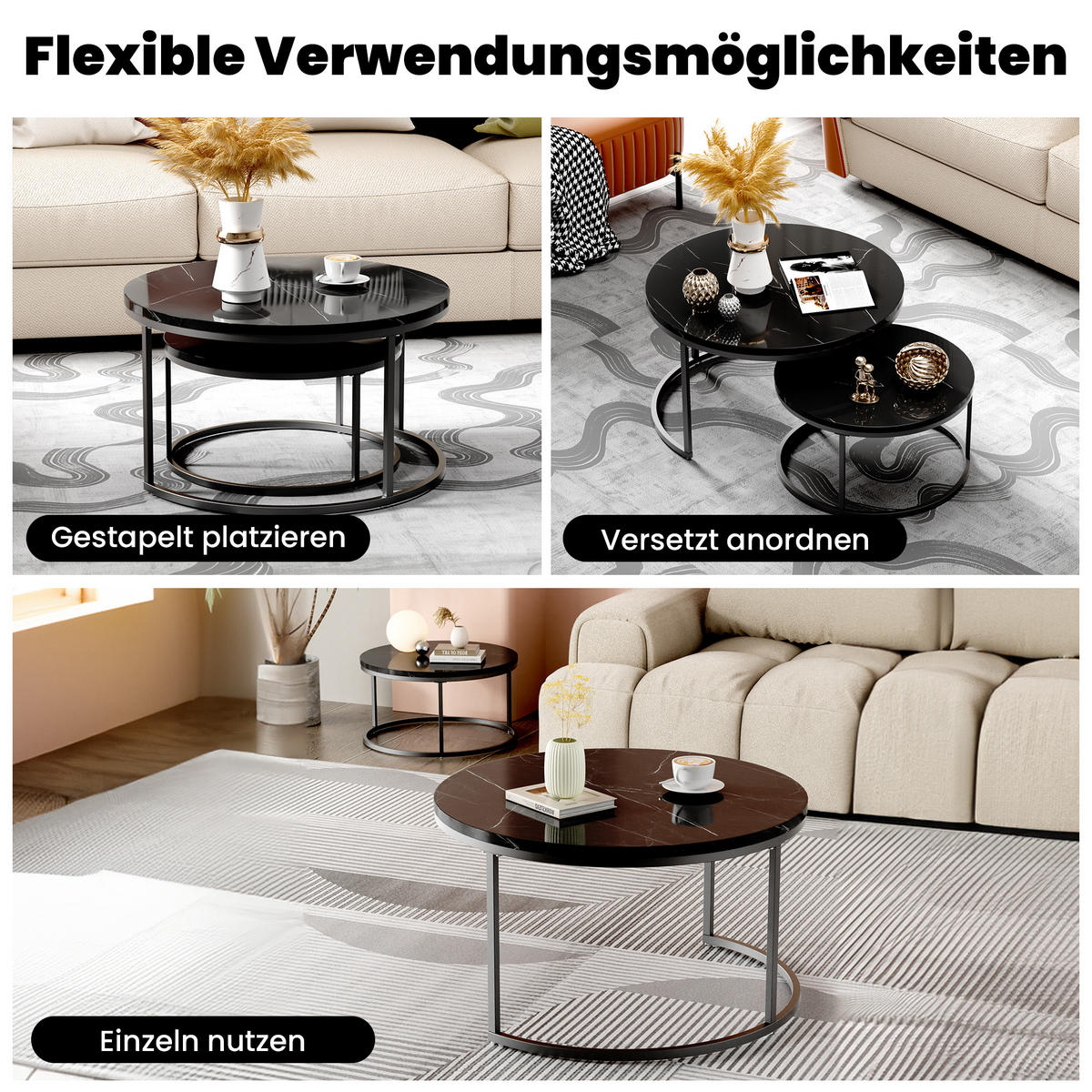 COUCHTISCH Runder 2-teiliger Satztisch 80/80 cm + 60/60 cm - Schwarz, Holzwerkstoff (80/80/45cm) - OKWISH