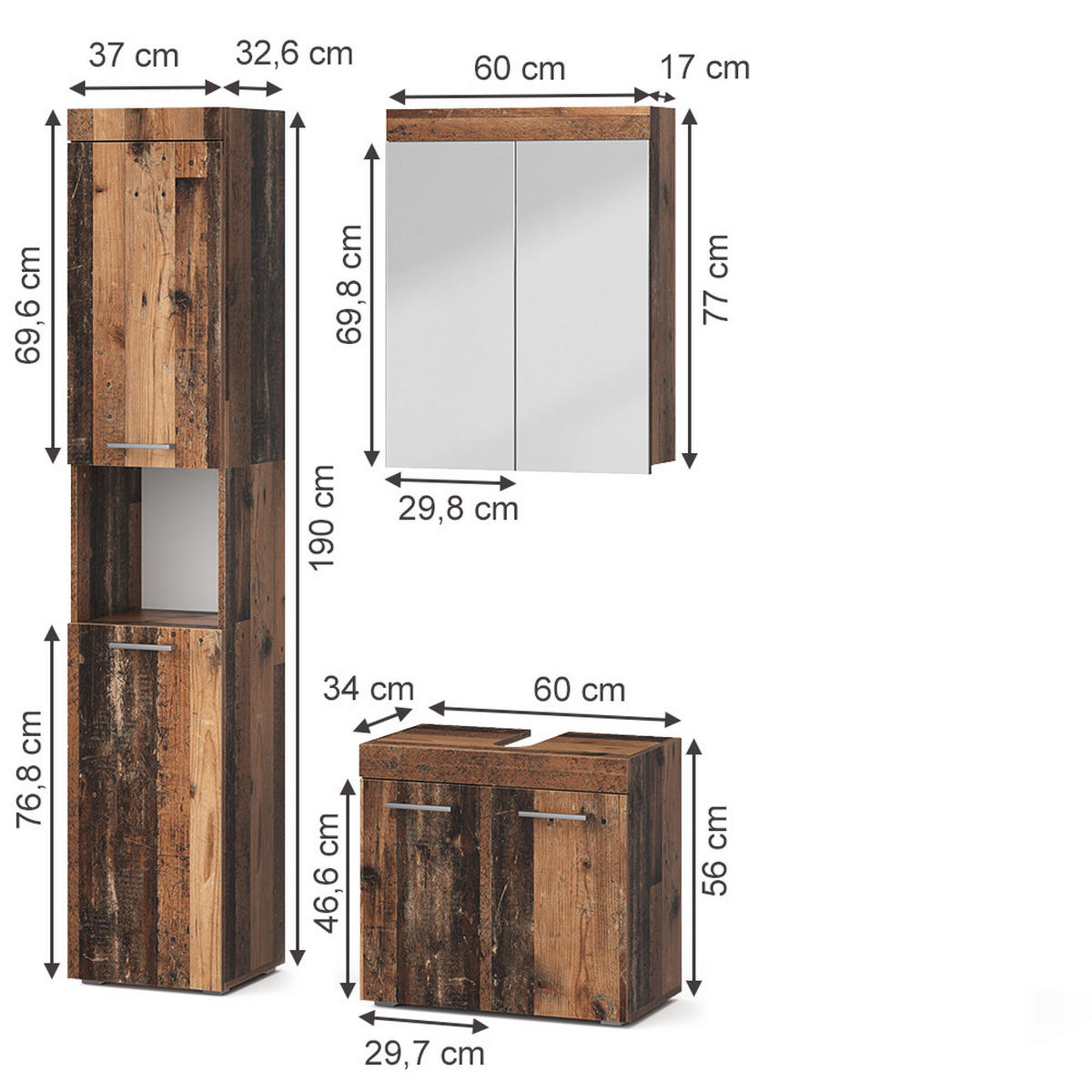 SADA KOUPELNOVÉHO NÁBYTKU Luna Oldstyle 3 díly, s vysokou jednotkou - hnědá, kompozitní dřevo (60/56/34cm) - Vicco