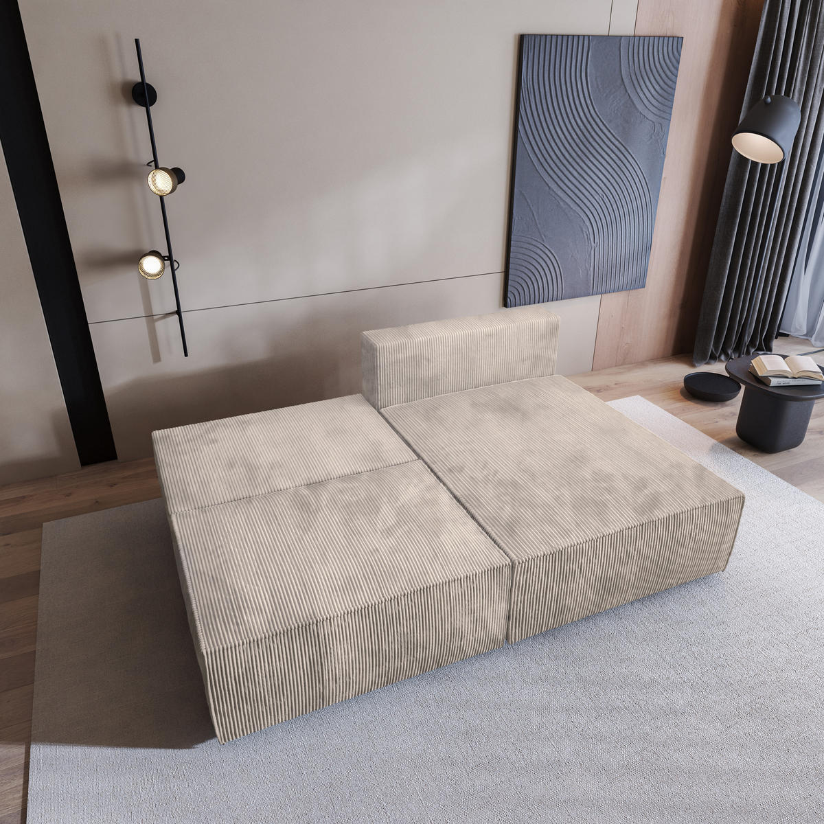 ECKSOFA FIORO P Creme Kordstoff mit Schlaffunktion - Creme, Holz (204/148cm) - MASSENO