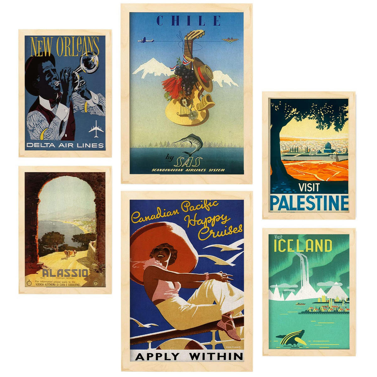 POSTER Set Mit 6 Land & Stadt Größe A3 & A4 Rahmen aus hellem Holz - Beige, Papier (29.7/1cm) - Nacnic
