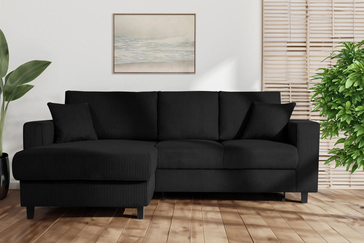 ECKSCHLAFSOFA EGRET Links mit Bettkasten, Cord-Stoff, schwarz - Schwarz, Textil (234/90cm) - KONSIMO®