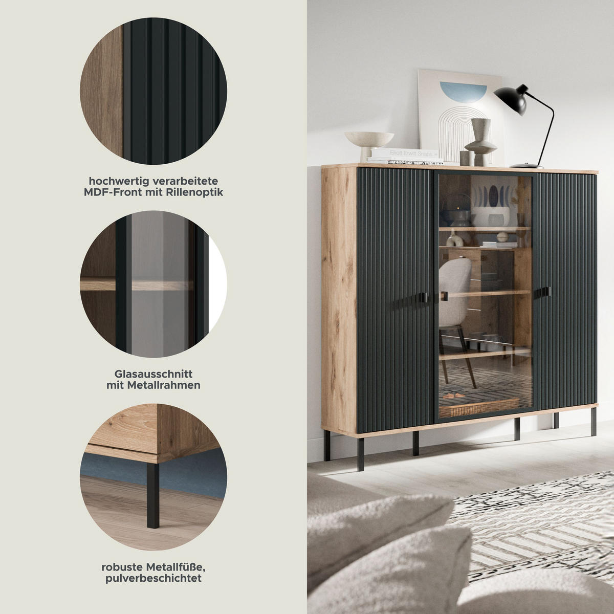 HIGHBOARD CHESS (B/H/T: ca. 115/137/41 cm) in Nox Oak Nachbildung/schwarz - Eichefarben, Holzwerkstoff (115/137/41cm)