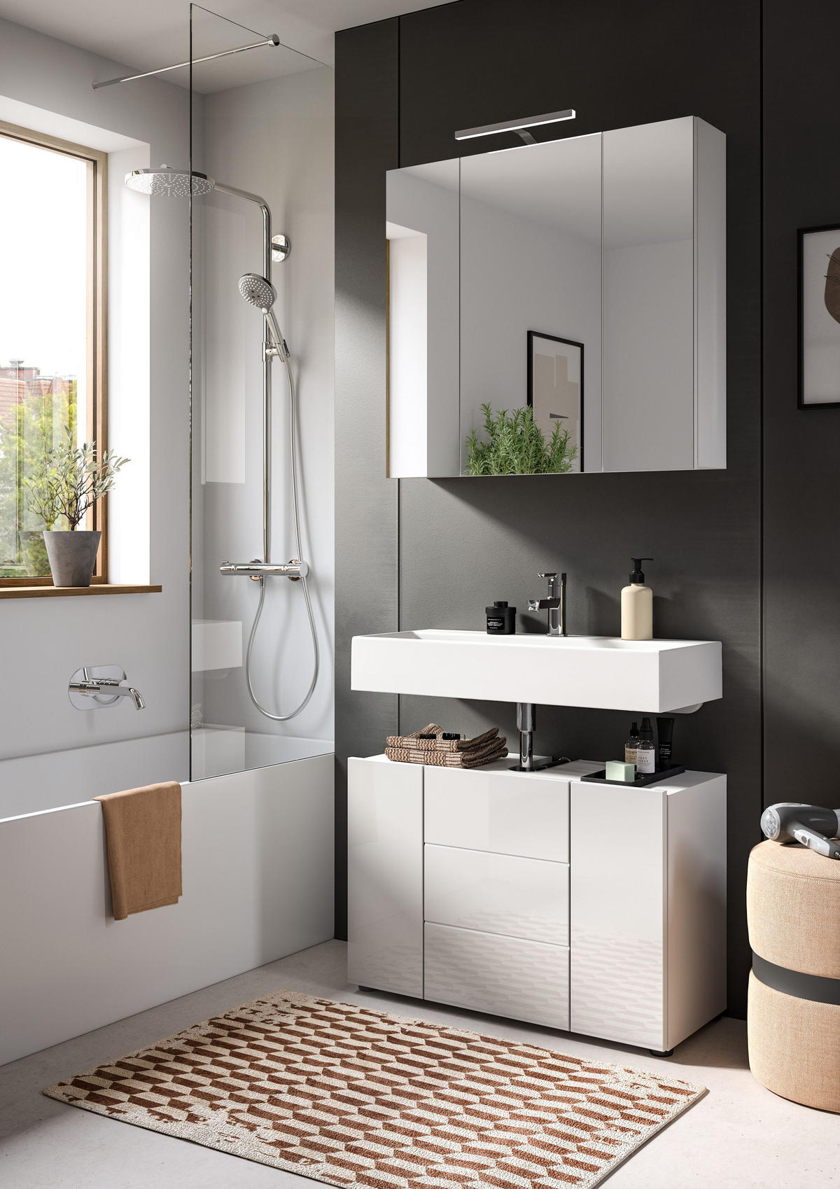 BADKOMBINATION 2tlg. inkl. Beleuchtung Vira Bad in weiß Melamin und weiß HG B/H/T: 82x190x34 cm - Weiß, Holz (82/190/34cm)