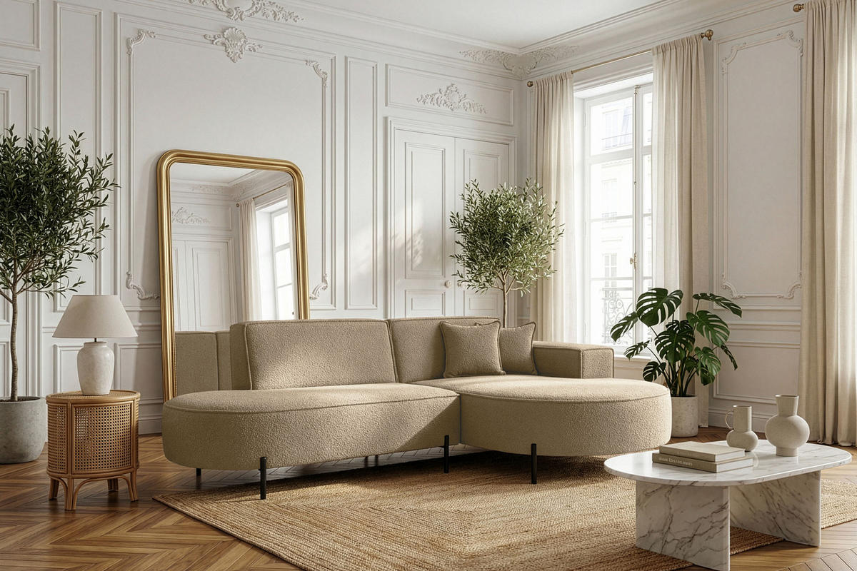 ECKSOFA Hana Loft 3-Sitzer Ecke Rechts, Boucle, Dunkelbeige 241/80/168 cm - Sandfarben/Schwarz, Textil/Metall (241/168cm) - WFL GROUP