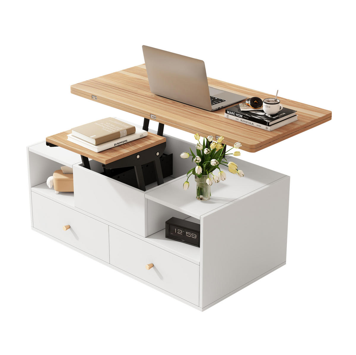 COUCHTISCH 100/50/47,5 cm höhenverstellbar mit Klappfunktion und 4 Schubladen - Naturfarben, Holzwerkstoff (100/50/47.5cm) - Flora Grace