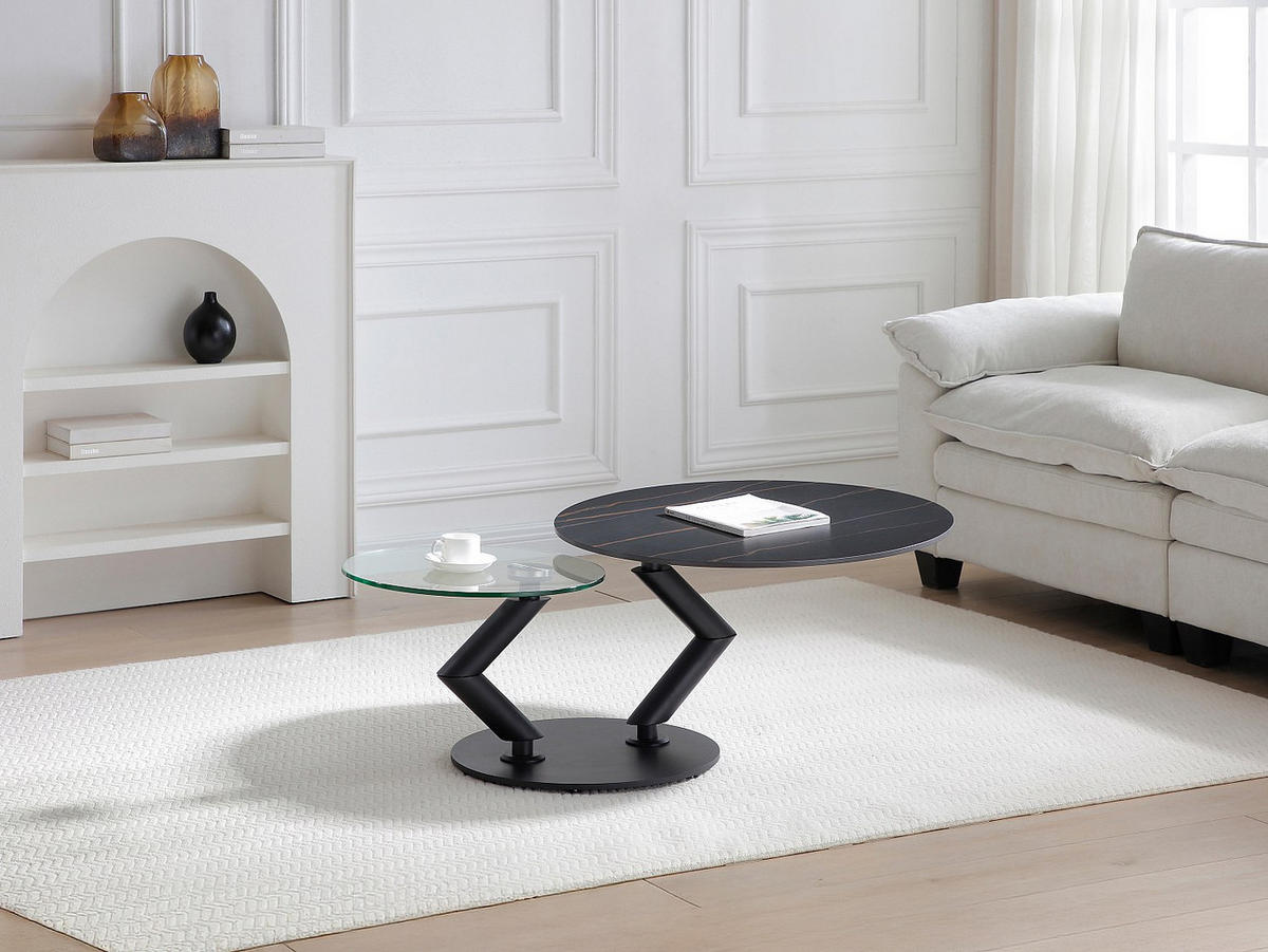 COUCHTISCH mit drehbaren Tischplatten - Keramik, Sicherheitsglas & Metall - Marmor-Optik Schwarz - ELDOVA - Schwarz, Glas (130/80/43cm) - Vente-Unique