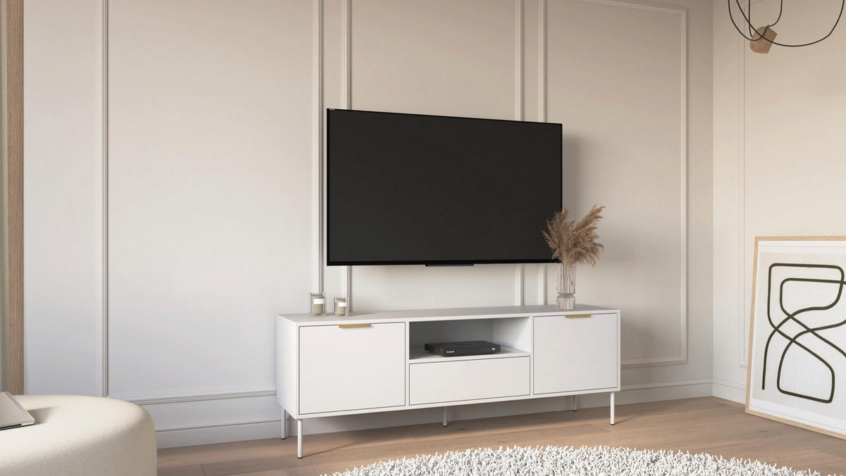 TV stolík s 2 dvierkami, zásuvkou a nikou, Biela, 160cm - biela/zlatá, kov/kompozitné drevo (160/57/40cm) - Selsey