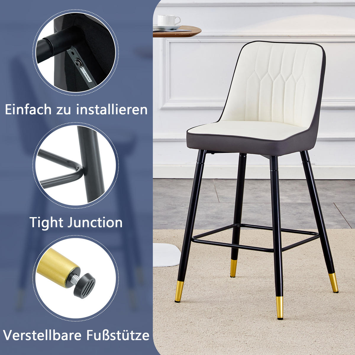 BARHOCKER 2er-Set Weiß & Dunkelgrau mit PU-Leder Rückenlehne und Fußstütze - Dunkelgrau, Metall (42/100/45cm) - PANGIVO