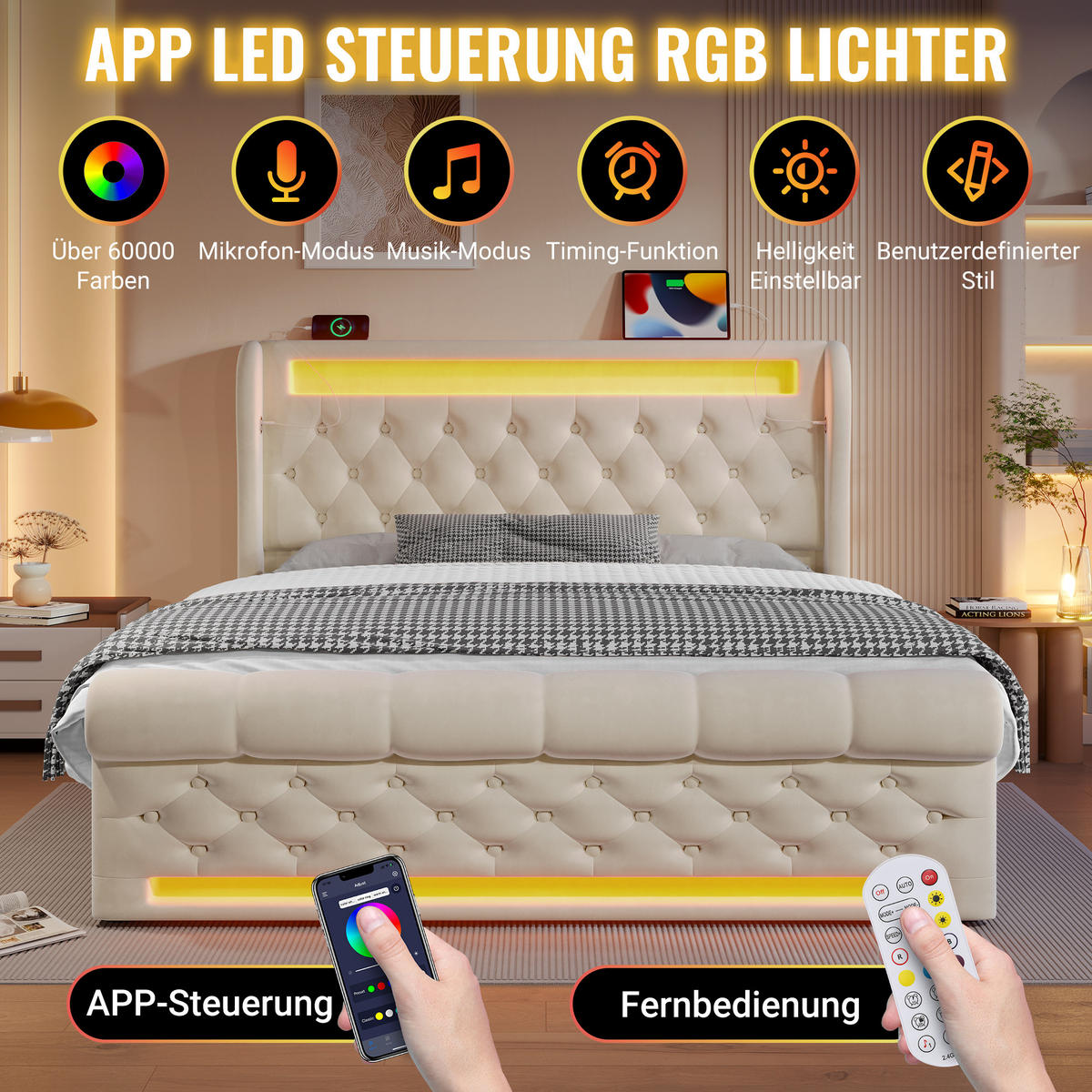 POLSTERBETT aus Samt 140x200 cm in Beige mit LED & USB-C-Ladestation - Beige, Textil (140/200cm) - Modfu