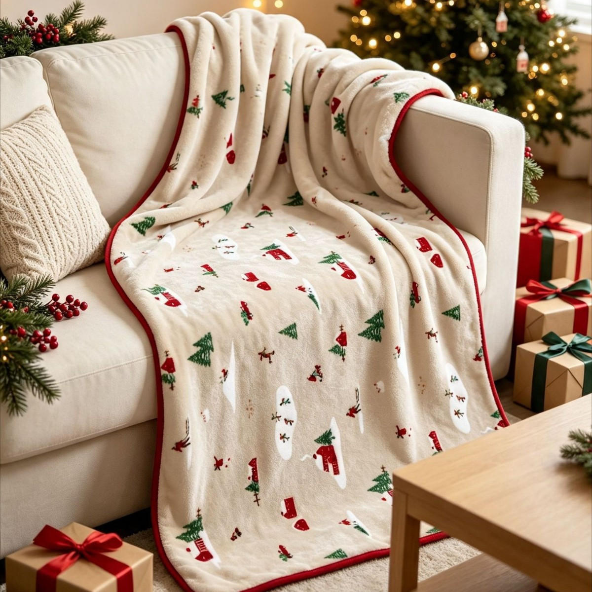DECKE – Weihnachtsbaum-Print – 130 x 170 cm – Ecru - Ecru, Textil (130/170cm)