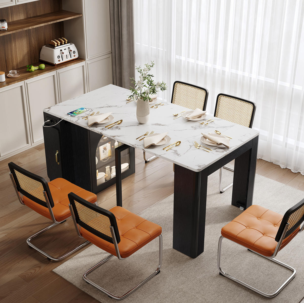 KÜCHENINSEL 83/39,6-149,6/77 cm in Weiß/Schwarz mit LED und USB- und Type-C-Anschlüssen - Schwarz, Holzwerkstoff (83/77/39.6cm) - Flora Grace