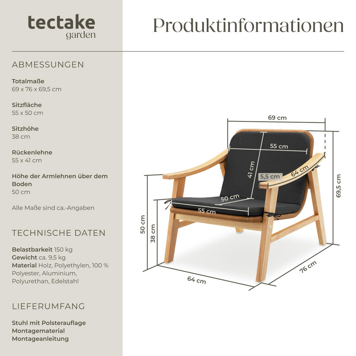 RATTAN STUHL Treviso,69 x 76 x 69,5 cm,natur - Naturfarben, Kunststoff (69/69.5/76cm) - tectake