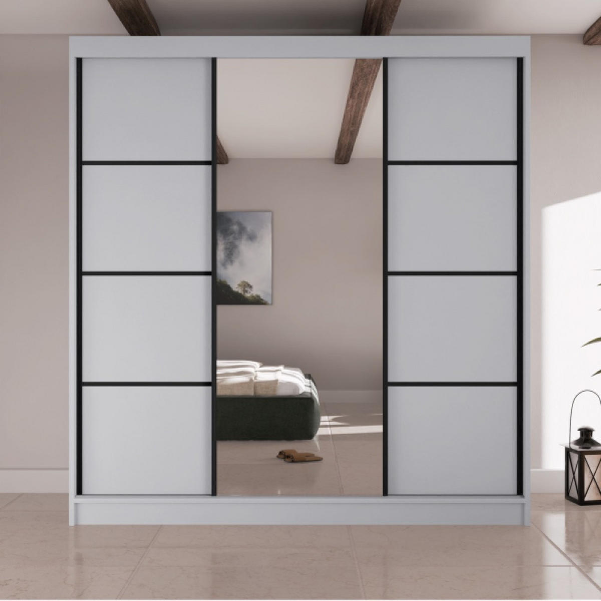 SCHRANK Weiß Filo V200 Schiebetür Mit Spiegel Und Schwarzen Sprossen - Weiß, Holzwerkstoff (200/215/61cm) - Sepro Meble