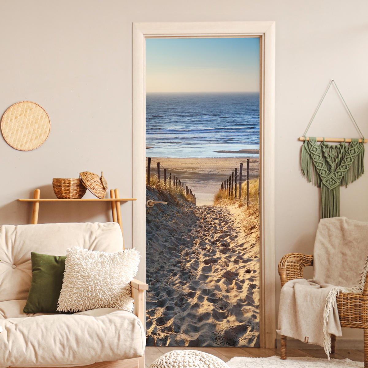 TÜRAUFKLEBER Selbstklebend - Strand - Meer - Niederlande - Dünen - Sonne 95x235 cm - Türtapete - Blau, Kunststoff (95/0.1cm) - MuchoWow