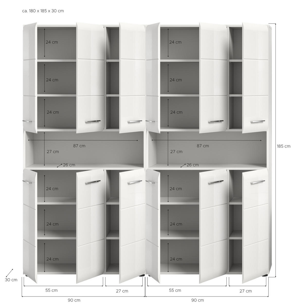 HOCHSCHRANK weiß Hochglanz 180 cm, Badezimmer Schrank mit viel Stauraum - Weiß Hochglanz/Silberfarben, Holzwerkstoff/Kunststoff (180/185/30cm) - Inn.Furn