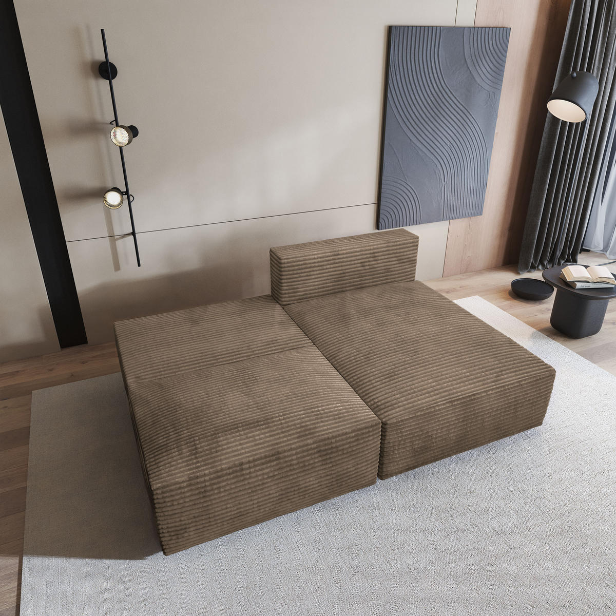 ECKSOFA FIORO Beige Kordstoff mit Schlaffunktion - Beige, Holz (204/148cm) - MASSENO