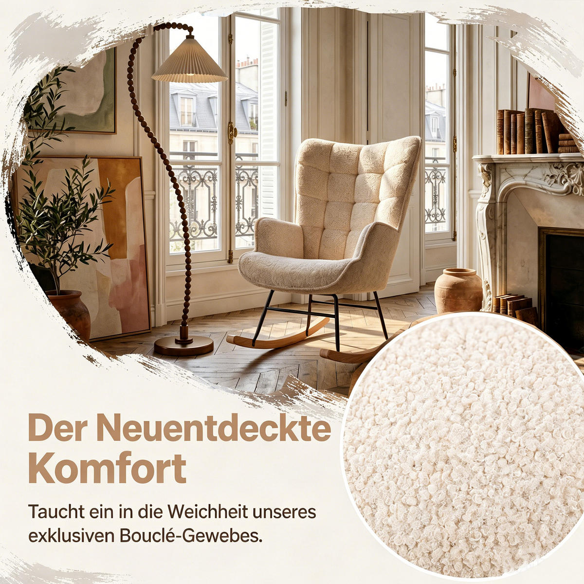 SCHAUKELSTUHL, Teddy-Velours, Skandinavisch, Belastbarkeit 120 kg, Beige - Beige/Kieferfarben, Holz/Textil (68/92/75cm) - GENKI LIVING