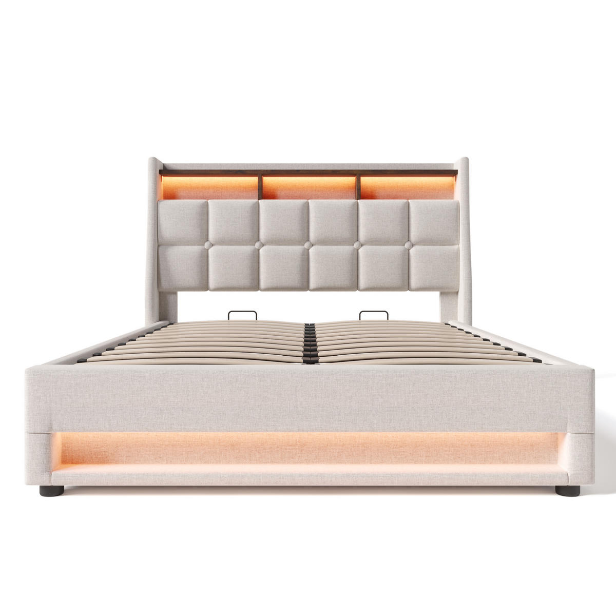 POLSTERBETT aus Leinen 160x200 cm in Hellbeige mit LED & Matratze - Beige, Textil (160/200cm) - Modfu