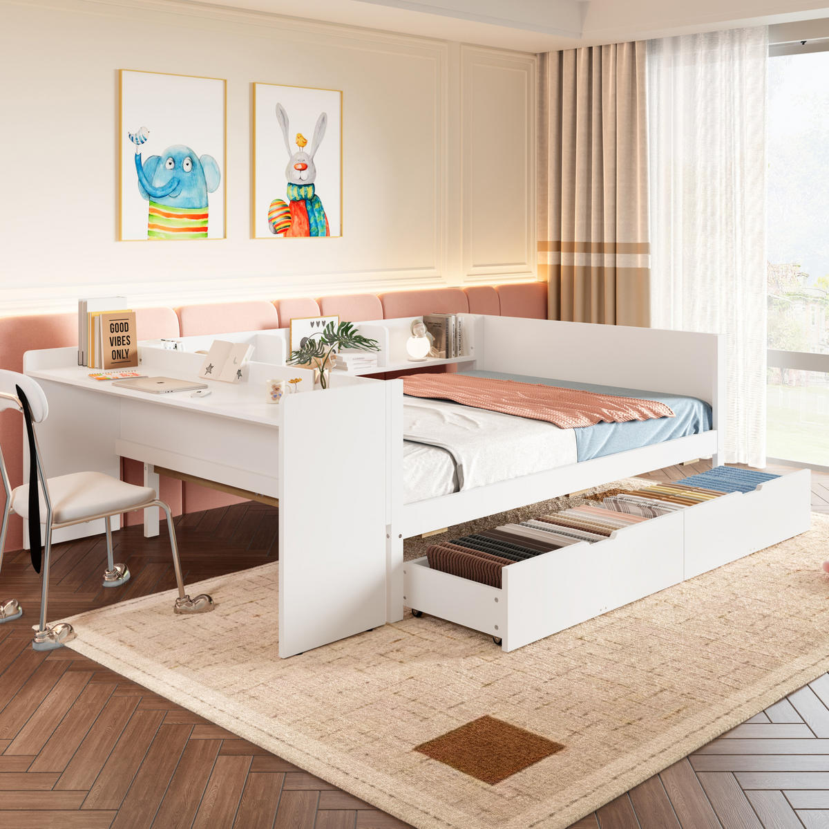 BETT 140/200 cm aus Kiefer mit Schreibtisch, Weiß - Weiß, Holz (140/200cm) - OKMYHOME