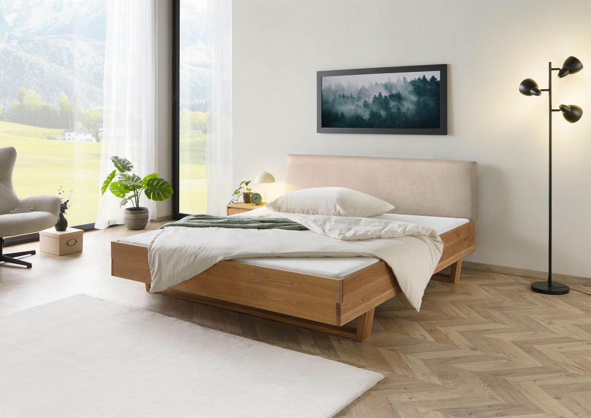 BETT mit Nachttisch Massivholz Eiche 160 x 200 x 86 natur FICHTELBERG #150 - Beige/Naturfarben, Holz (160/200cm) - Massivmoebel24