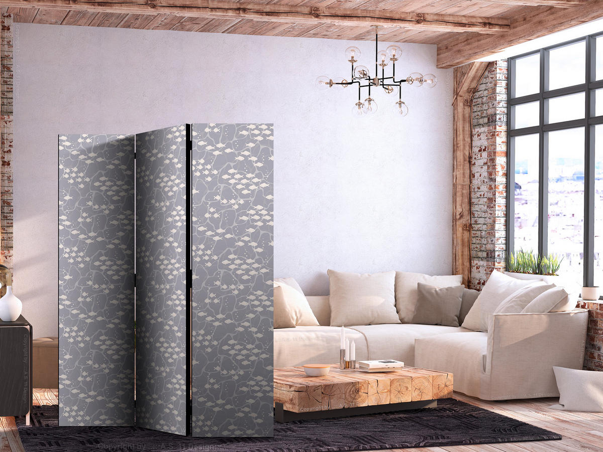 PARAVENT Beidseitig Bedruckter 3-tlg 135x172 cm Fischschwarm Boho Stil - Grau, Holz/Textil (135/172/3cm) - Muralo
