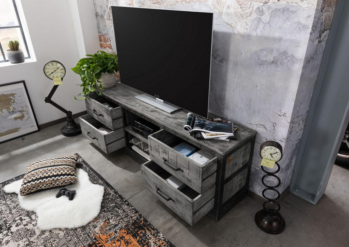 TV-BOARD Mango 180x40x60 grau lackiert HEAVY INDUSTRY #139 - Grau, Holz (180/60/40cm) - Massivmoebel24