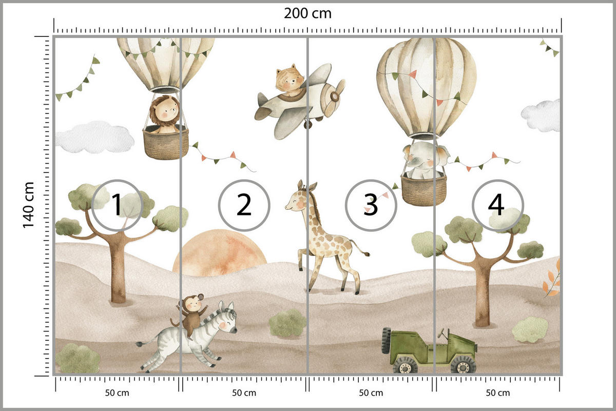 FOTOTAPETE für Kinderzimmer Tiere Ballons Flugzeuge Safari Bäume Hügel 200x140 - Beige/Braun, Papier (200/140cm) - Muralo