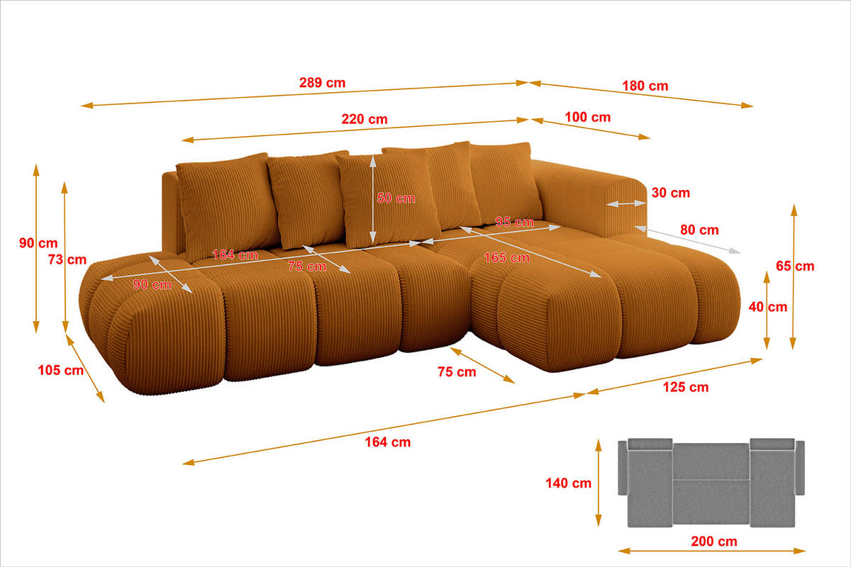 ECKSOFA Ottomane Rechts CLOUD-L-v1 289x180x40 Senfgelb Cord - Currygelb, Holzwerkstoff/Kunststoff (289/180cm) - ALTDECOR
