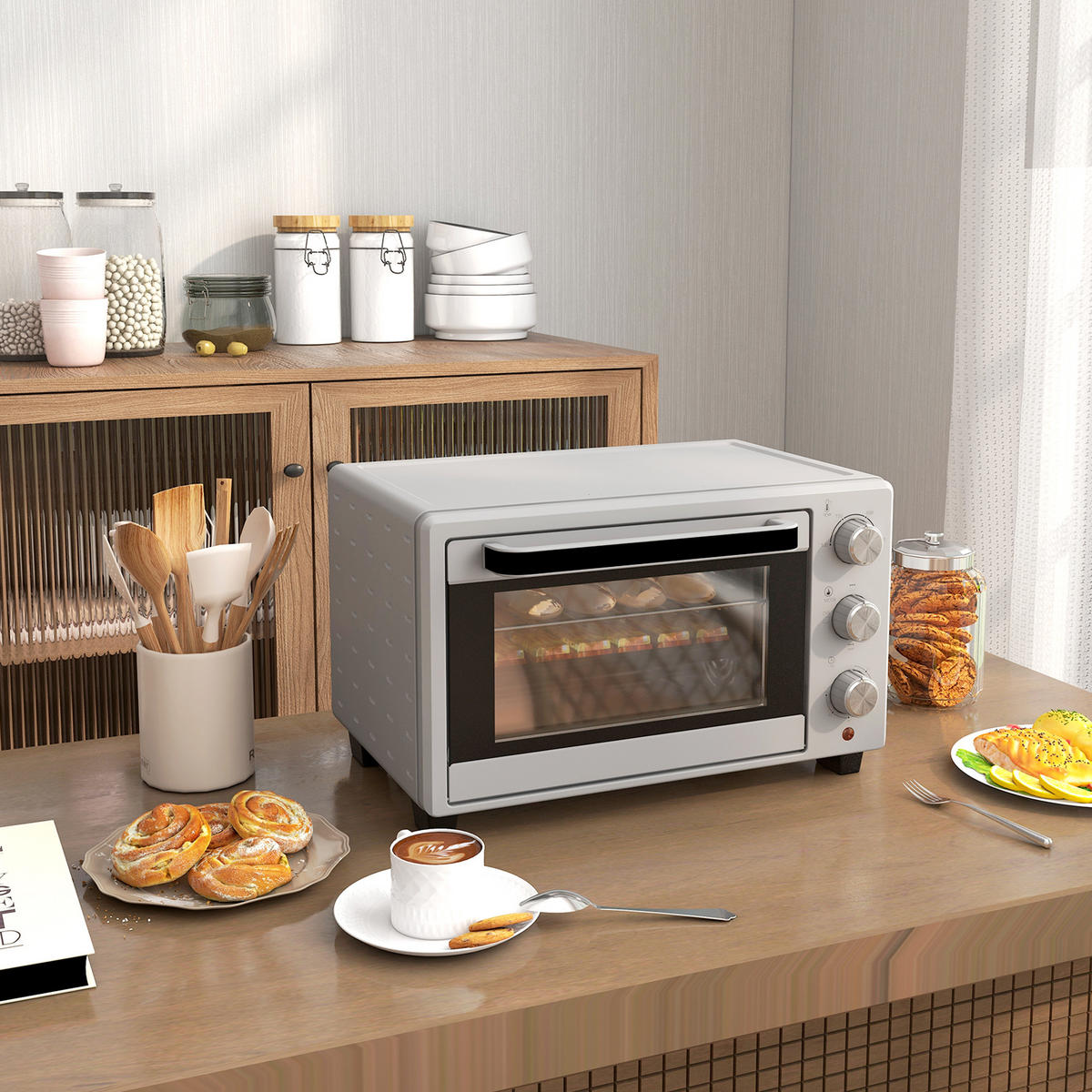MINIBACKOFEN 21L 1400W Mini Ofen mit 3 Kochmodi, Backblech & Grillrost, Temperatur 100-230°C, Edelstahl, Silber - Silberfarben, Metall (46/29/38.5cm) - Beaface