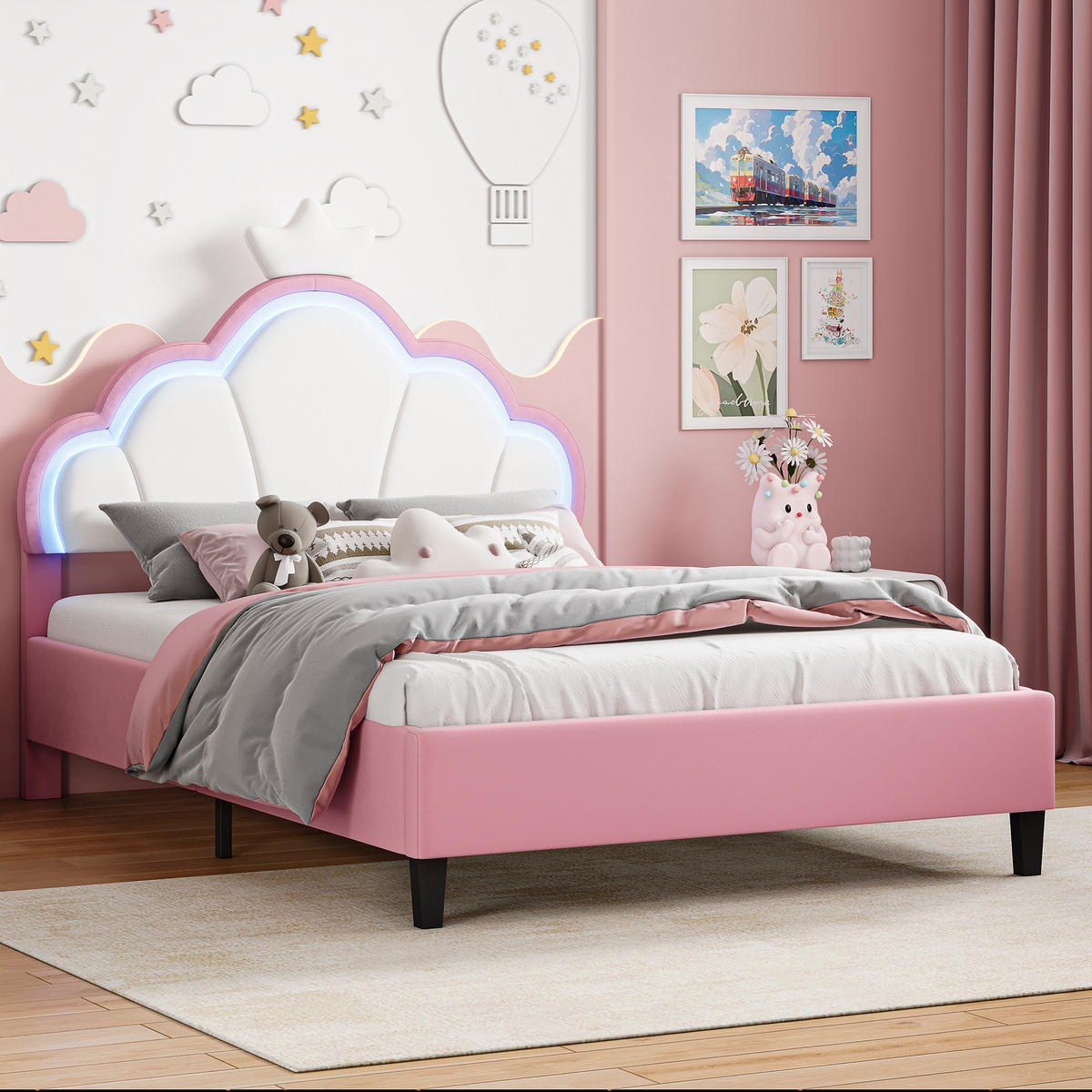 POLSTERBETT 140x190 cm mit höhenverstellbarem Kopfteil & RGB-LED – Doppelbett / Kinderbett für Mädchen, Samt, Rosa - Pink, Holz/Metall (140/190cm) - BursDany