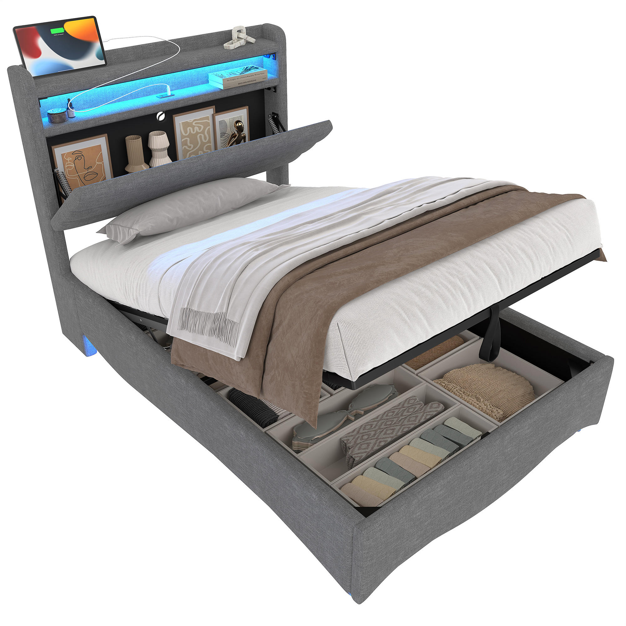 POLSTERBETT 90x200cm Grau LED Hydraulik USB Leinen - Grau, Holz (90/200cm) - FLIEKS