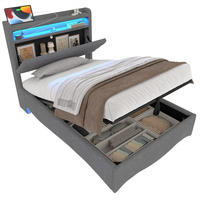 POLSTERBETT 90x200cm Grau LED Hydraulik USB Leinen - Grau, Holz (90/200cm) - FLIEKS