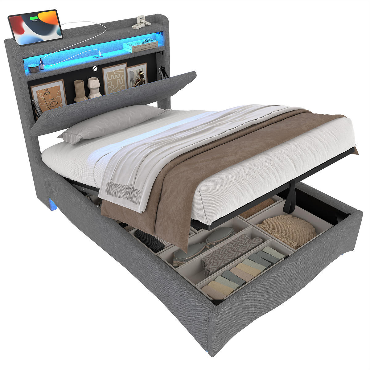 POLSTERBETT 90x200cm Grau LED Hydraulik USB Leinen - Grau, Holz (90/200cm) - FLIEKS