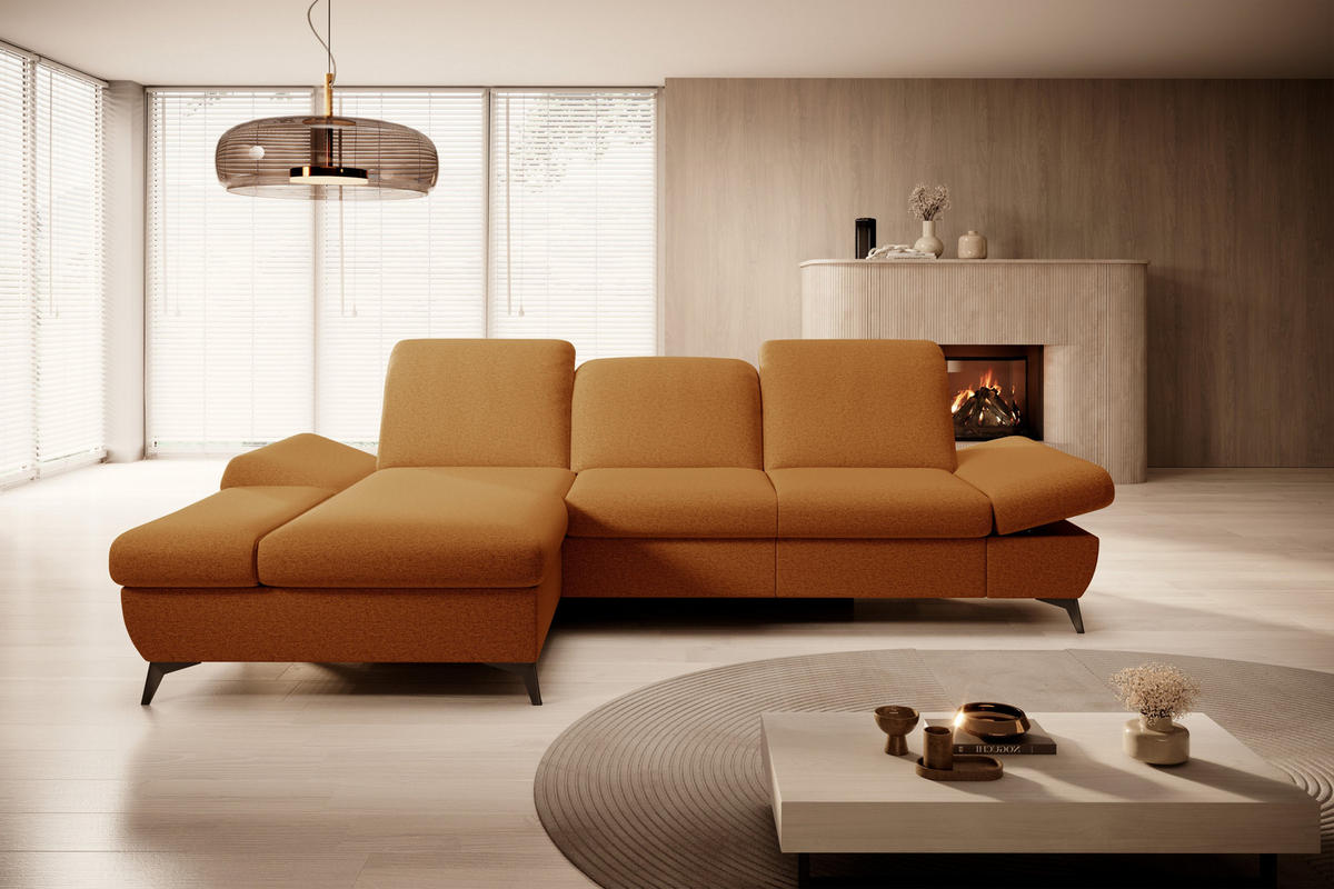 ECKSOFA FELICE L-S Orange Geflochtener Stoff mit Schlaffunktion - Orange, Holz (284/166cm) - MASSENO
