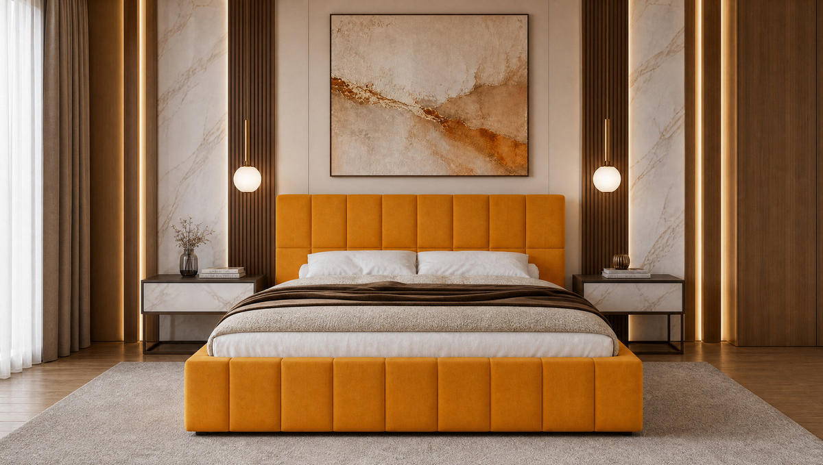 POLSTERBETT 140x200 cm, Alma, Doppelbett mit Bettkasten, Lattenrost aus Holz, Velourstoff, Gelb - Gelb, Holz/Textil (140/200cm) - Marpur