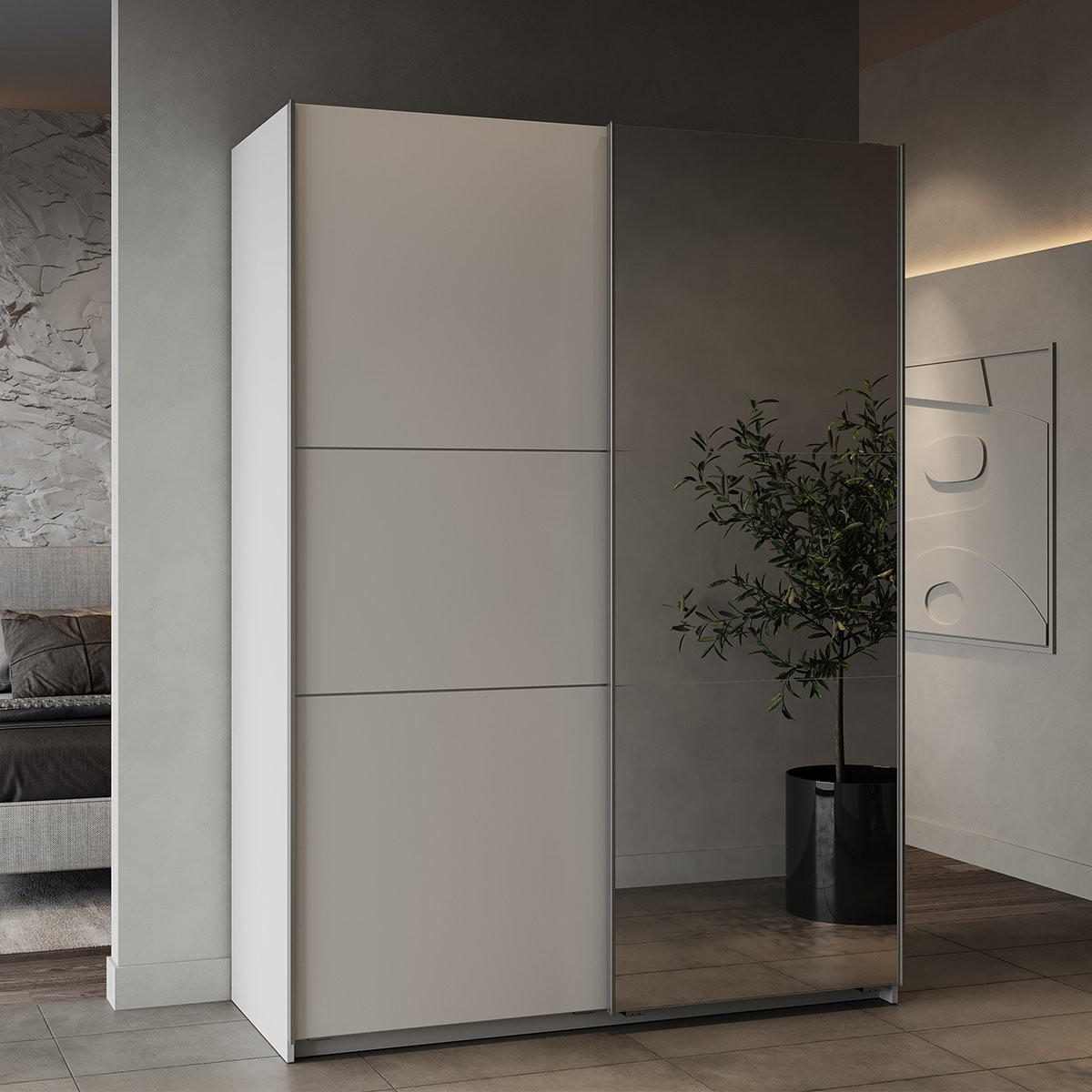 KLEIDERSCHRANK, 2 Schiebetüren mit Spiegel - GHOST - Weiß - 148 x 59,8 x 203 cm - Weiß, Holz (59.9/203/148cm) - Demeyere