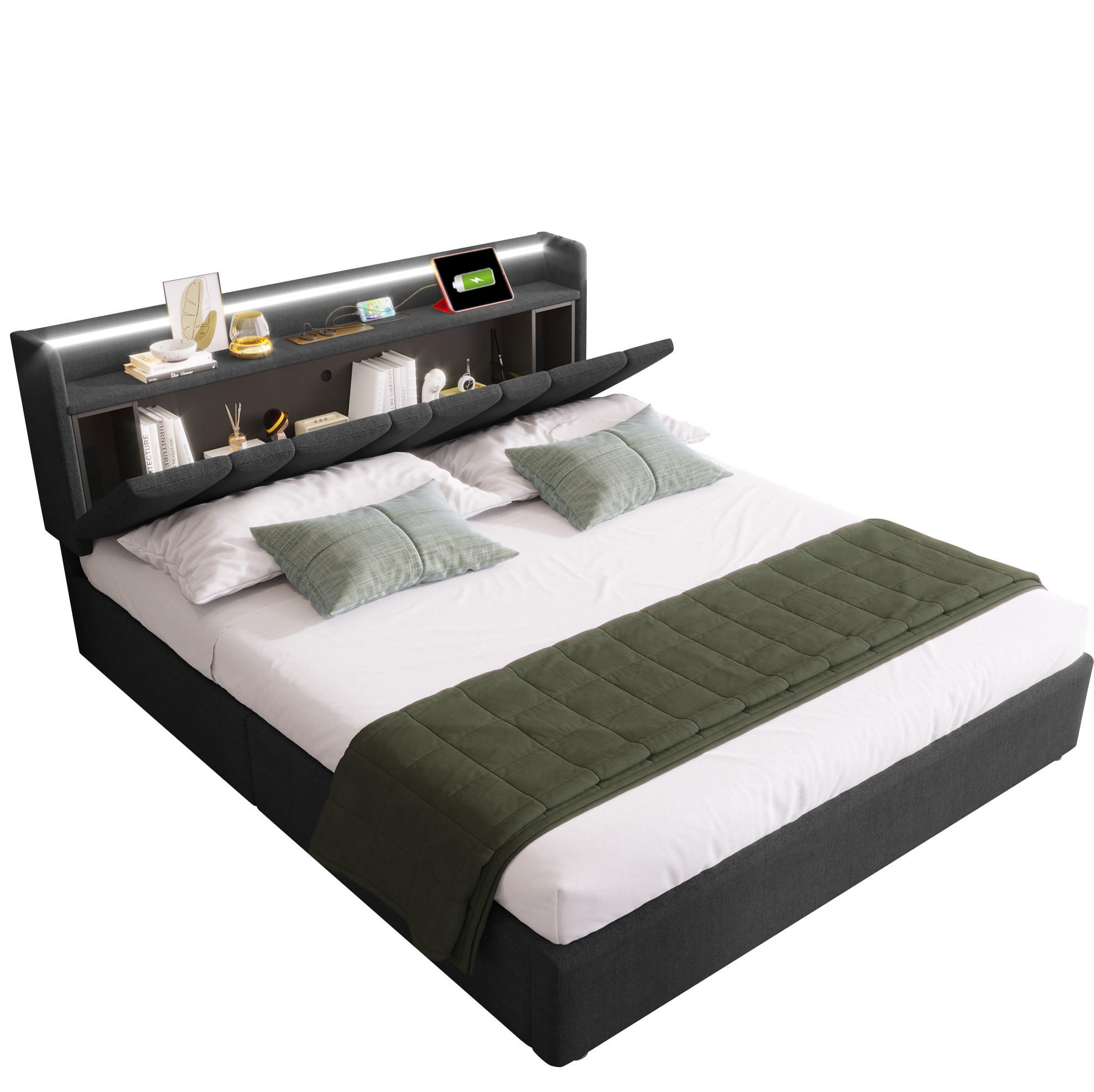 POLSTERBETT aus Leinen 140x200 cm Grau mit Matratze, Stauraum, LED-Beleuchtung und USB-Anschlüssen - Grau, Textil (140/200cm) - IVMEU